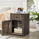 SOOWERY Nightstands Set of 2, Nightstand with Charging Station, Farmhouse End Table with Barn Door and Drawer, Rustic Wood Sofa Side Table for Bedroom, Living Room, Dark Rustic Oak SOOWERY