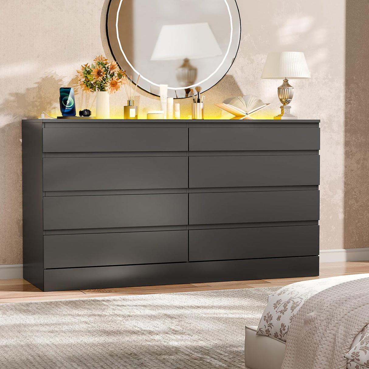 Gyfimoie 8 Drawer Dresser with Power Outlet, Modern Chest of Drawers with LED Light & Glass Top, Wood Double Dresser TV Stand with Organizer Storage for Bedroom, Living Room, Closet (Black) Gyfimoie