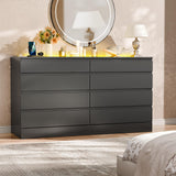 Gyfimoie 8 Drawer Dresser with Power Outlet, Modern Chest of Drawers with LED Light & Glass Top, Wood Double Dresser TV Stand with Organizer Storage for Bedroom, Living Room, Closet (Black) Gyfimoie