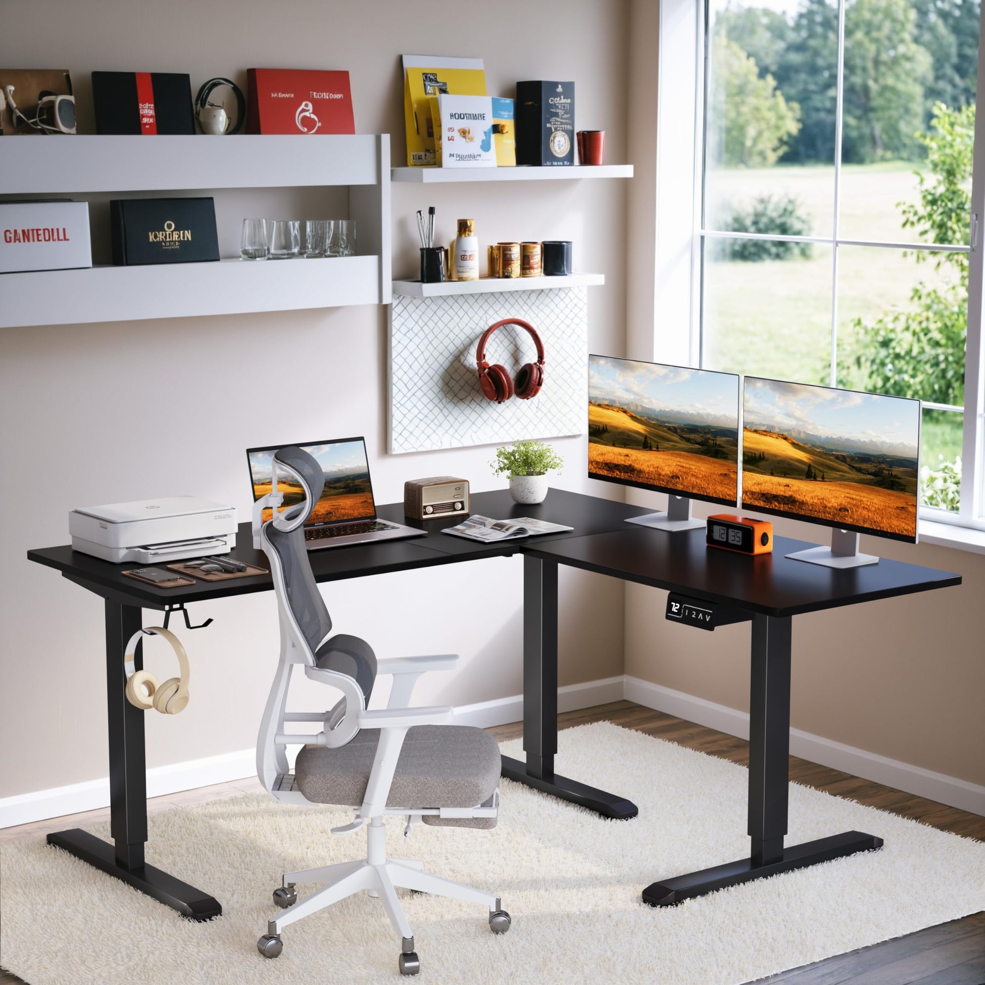 Shahoo L-Shaped Electric Standing Desk, 63 x 55 Inches Height Adjustable Coner Table, Home Office Computer Workstation, Black, 63 x 55 Inch - WoodArtSupply