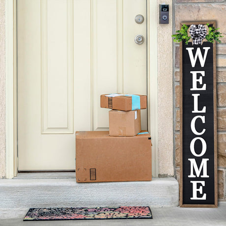3D Outdoor Welcome Sign for Front Porch Standing 45"X9" Large Rustic Farmhouse Leaner Tall Vertical Soild Wooden Framed Plaque Modren Beautiful Outside Home Front Door Decorations (Wood Black) Foutcheou