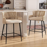 HNY Farmhouse Woven Bar Stools Set of 3, 26 Inch Linen Upholstered Rattan Barstools with Curved Backs, Modern Cane Counter Height Bar Chairs with Metal Legs and Armrest for Kitchen Island, Beige HNY