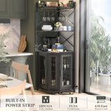 Aheaplus Corner Bar Cabinet with Power Outlet, Industrial Wine Cabinet with LED Strip and Glass Holder, 5-Tiers Liquor Cabinet Bar Unit for Home, Corner Display Cabinet for Small Space, Black Aheaplus