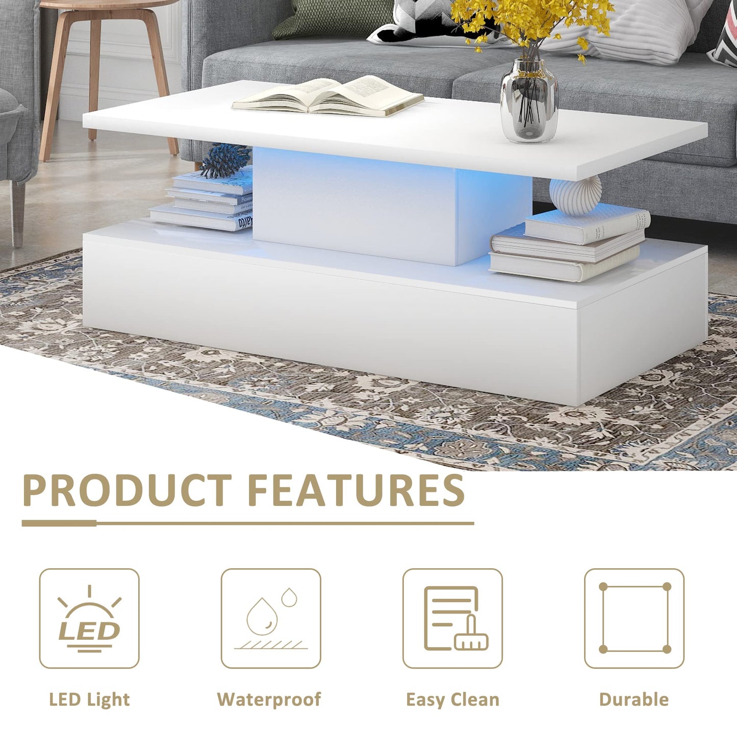 LUMISOL High Glossy UV Coffee Table with LED Lights, 2 Tiers Center Table with Remote Control, Rectangle Living Room Furniture, White - WoodArtSupply