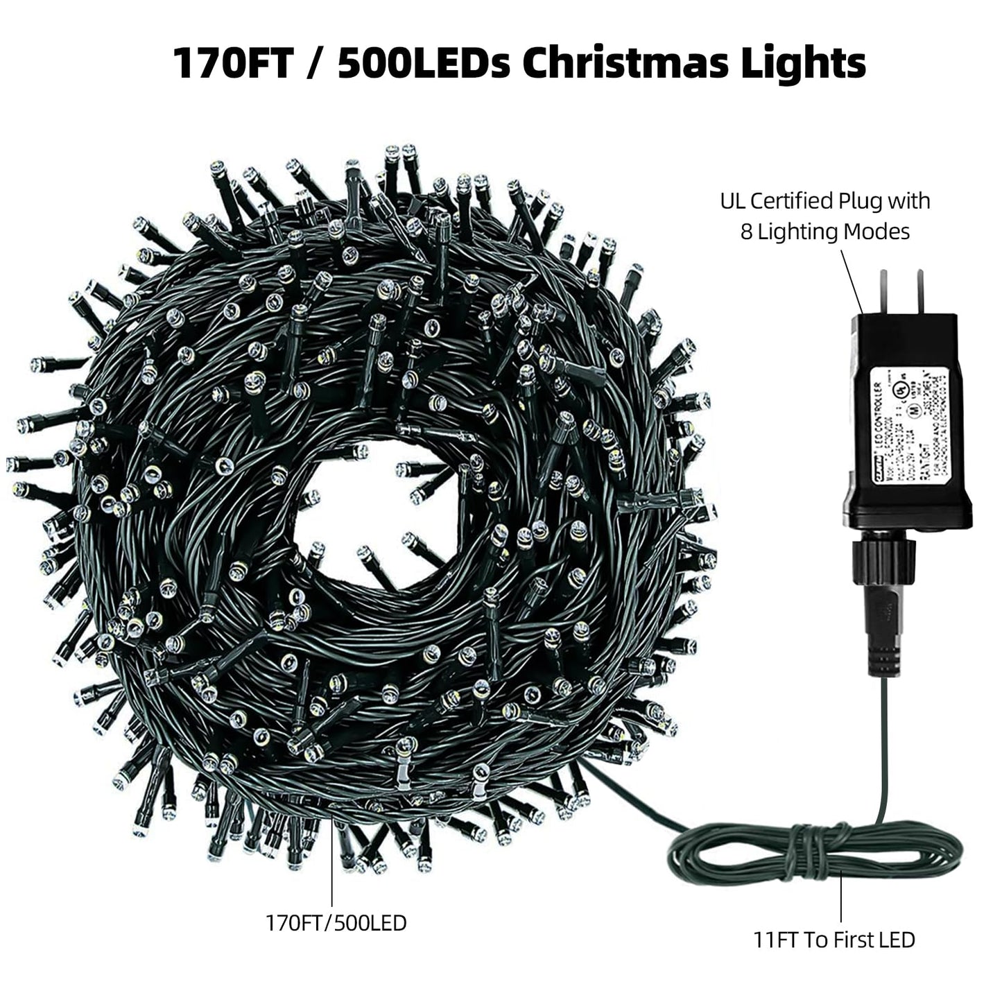 MZD8391 170FT 500 LED Christmas Lights Outdoor Indoor, Waterproof Christmas Tree Lights for Christmas Decorations with Timer, 8 Modes Memory Function (Warm White)