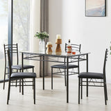 VECELO Kitchen Dining Table and Chairs Set for 4, PU Padded Seat & Glasses Tabletop, Space Saving, Matte Black VECELO