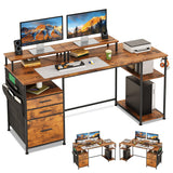 EKNKOZY Computer Desk with 3 File Cabinet Drawers, 57.8'' Reversible Gaming Desk, Office Desk with Storage Shelves and Dual Monitor Stand for Home & Office (Rustic Brown) EKNKOZY