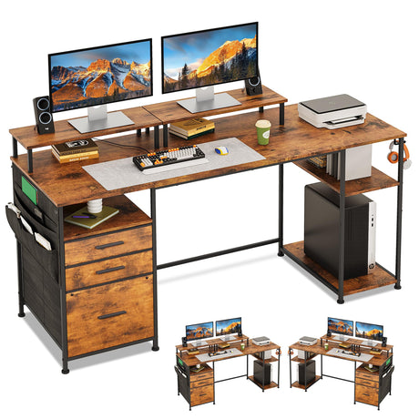 EKNKOZY Computer Desk with 3 File Cabinet Drawers, 57.8'' Reversible Gaming Desk, Office Desk with Storage Shelves and Dual Monitor Stand for Home & Office (Rustic Brown) EKNKOZY