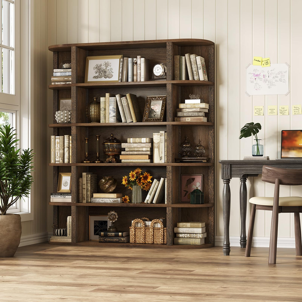 TVU 5-Tier Wood Book Shelf, 47" Wide Large Bookshelf and Bookcase, 62" Tall Bookshelf with Curved Side Shelves, Freestanding Wood Display Book Shelves for Living Room, Home Office, Walnut TVU