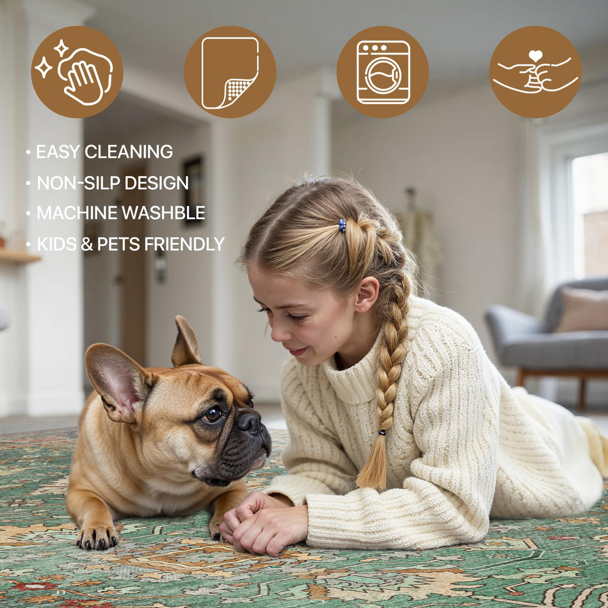 Bavni Washable Area Rugs 8x10 Green Boho Rug Tumble Vintage Large Carpet for Living Room Bedroom Dining Room, Non Slip Thin Low Pile Chenille, Dark Sage/Gold Bavni