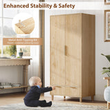 VINGLI Fluted Wardrobe Closet Armoire with Doors And Drawers, Wardrobe Cabinet with Hanging Rack, Bedroom Closet Wood, Oak Free Standing Armoire with Shelf and Solid Wood Legs, 31.5"W*19.7"D*69.3"H VINGLI