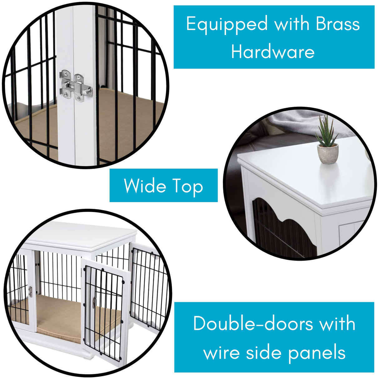 BIRDROCK HOME Decorative Dog Kennel with Pet Bed - Small Indoor Pet Crate, Double Door Design, Engineered Wood & Metal Wire, Furniture-Style House for Small Dogs, Side Table or Nightstand, White BIRDROCK HOME