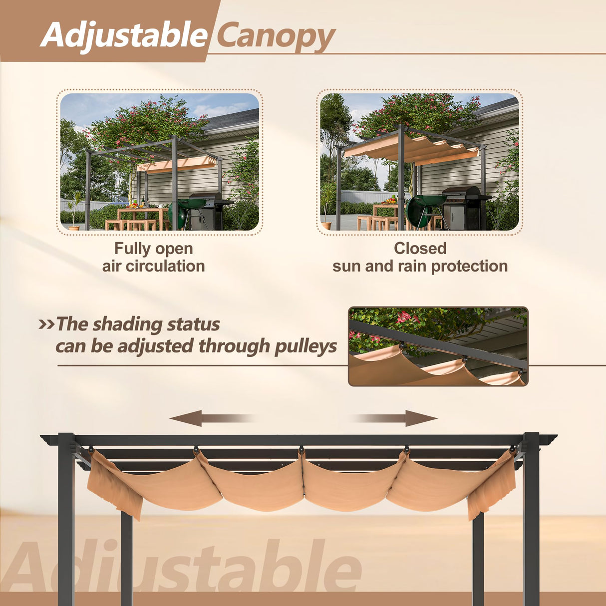 Ampela Outdoor Pergola,10' x 10' Outdoor Retractable Pergola Canopy,Upgraded Canopy with Adjustable Roof Aluminum,Outdoor Sun Shade Shelter for Backyard,Outdoor Party,Garden,Grill Gazebo,Deck,Khaki Ampela