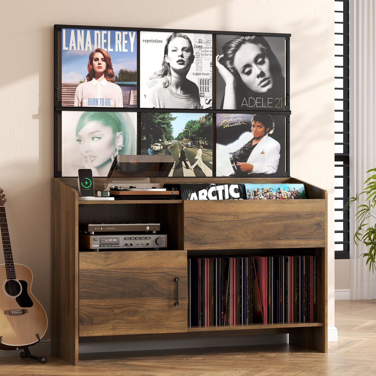 Gyfimoie Upgraded Large Record Player Stand, Mid-Century Turntable Stand with Power Outlet, Large Record Player Table Holds Up to 500 Albums, Vinyl Storage Cabinet Display Shelf for Living Room (Walnut) Gyfimoie