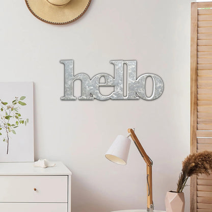 Sintosin Rustic Galvanized Hello Sign for Entryway Table Decor 14 Inches, Hanging Distressed White Welcome Sign for Front Door, Handmade Wooden Hello Winter Sign, Farmhouse Fall Wall Home Dec - WoodArtSupply