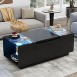 Black 2-Tier Rectangular Table with Tempered Glass Top and Drawers, LED Coffee Table with Storage, Modern High Gloss Black Coffee Table RuiSiSi