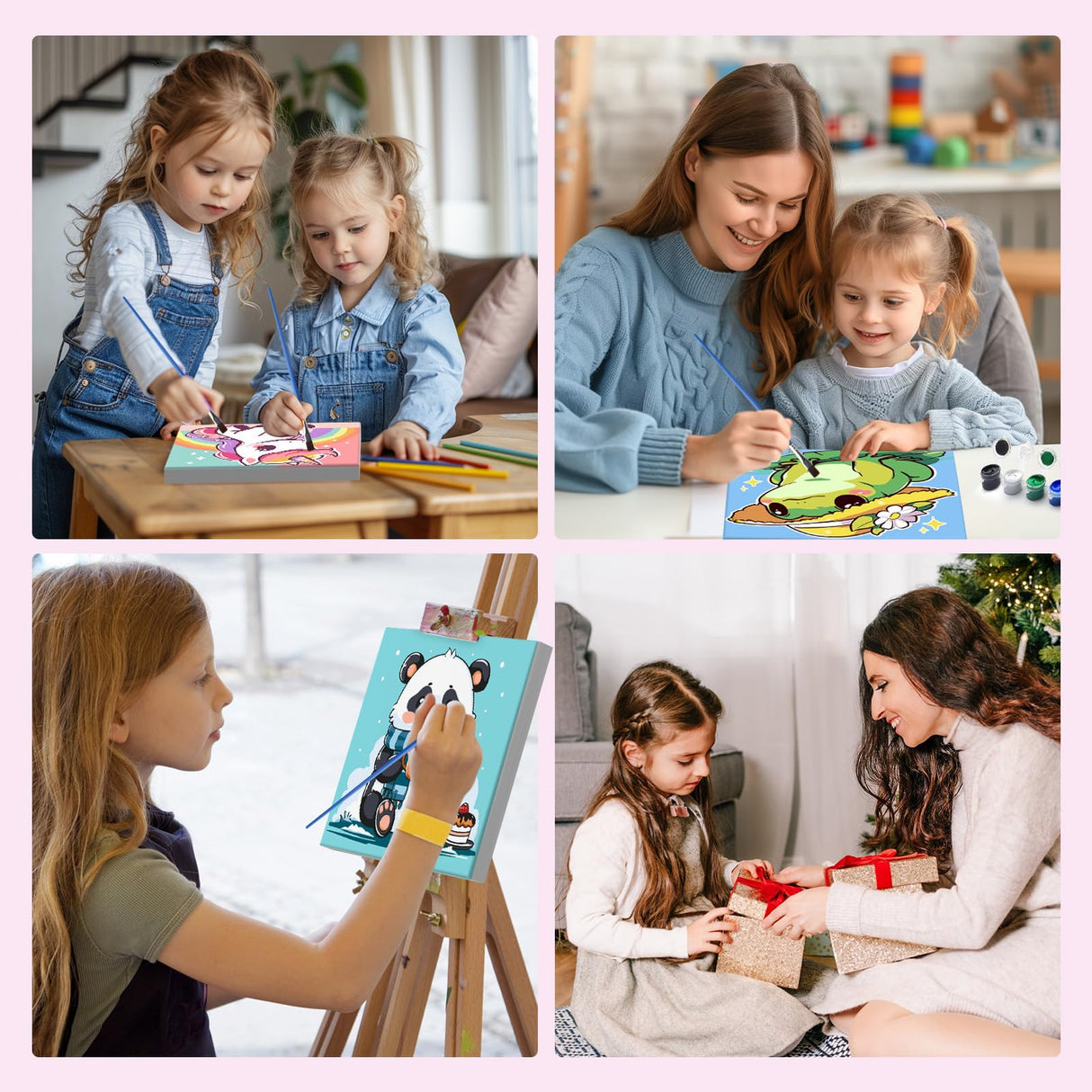 MXJSUA 4 Pack Cute Panda Bear Animal Paint by Numbers Kit with Framed Canvas for Ages 6-12 Kids, Paint by Numbers Kits for Children Beginners, Acrylic Oil Painting for Home Wall Decor Gift (8x8 inch) MXJSUA