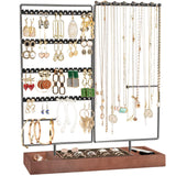 ProCase Jewelry Organizer Stand Earring Holder Organizer, 6 Tiers Earring Organizer Tree Necklace Rack Jewellery Tower Bracelets Holder Storage with Removable Wooden Ring Tray for Women Girls -Black ProCase