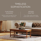 Maven Lane Pullman Large 2 Tier Traditional Rectangular Wooden Center Coffee Table with Shelf Storage in Rustic Antiqued Natural Finish Maven Lane