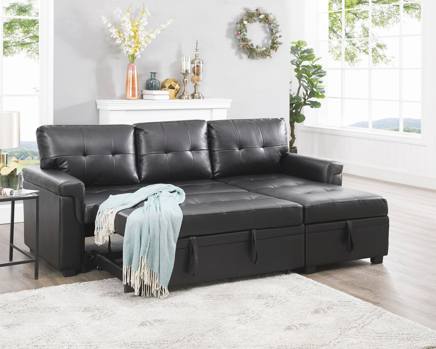 Naomi Home Jenny Sectional Sofa Sleeper with Storage Chaise, Tufted Pull Out Couch with Storage, Sectional Sofa Bed, L-Shaped Reversible Sleeper Sofa with Storage, Black,Air Leather