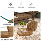 35.4" Glass Coffee Table, Small Round Coffee Table, 2-Tier Tempered Glass Tabletop with Wooden Base, Modern Center Table for Living Room, Home, Apartment, Ideal for Small Space CTPNMCIN