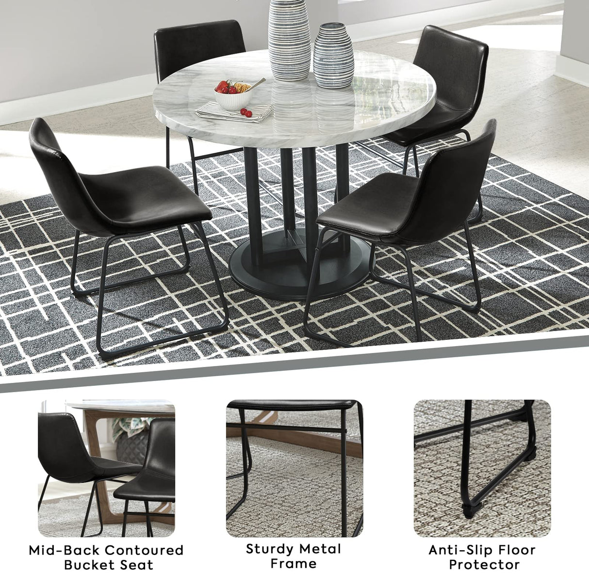 LEMBERI Faux Leather Dining Chairs Set of 4, 18 Inch Modern Kitchen & Dining Room Upholstered Chairs with Backrest and Metal Legs (Black) LEMBERI