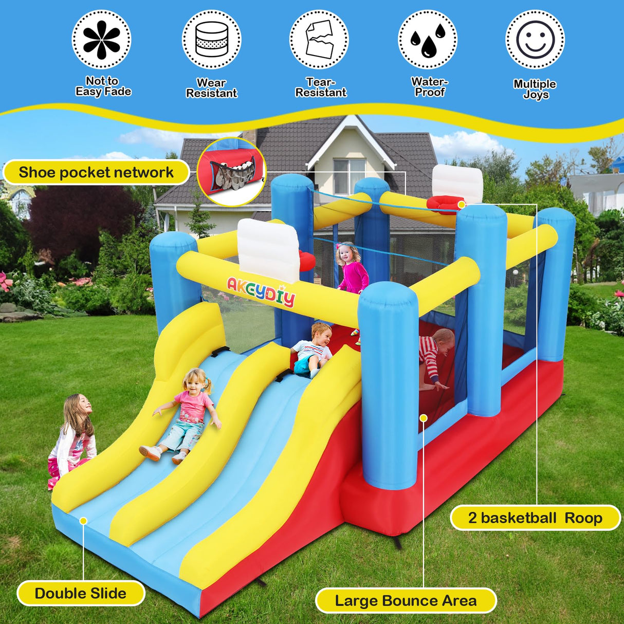 Big Bounce House for Kids 8-12 Girls/Boys Gifts, 15ft Ball Game Inflatables Bouncy House with Double Slide 3-12 Bouncy Castle with Blower, Jump House with Slide, Double Basketball Hoop AKEYDIY