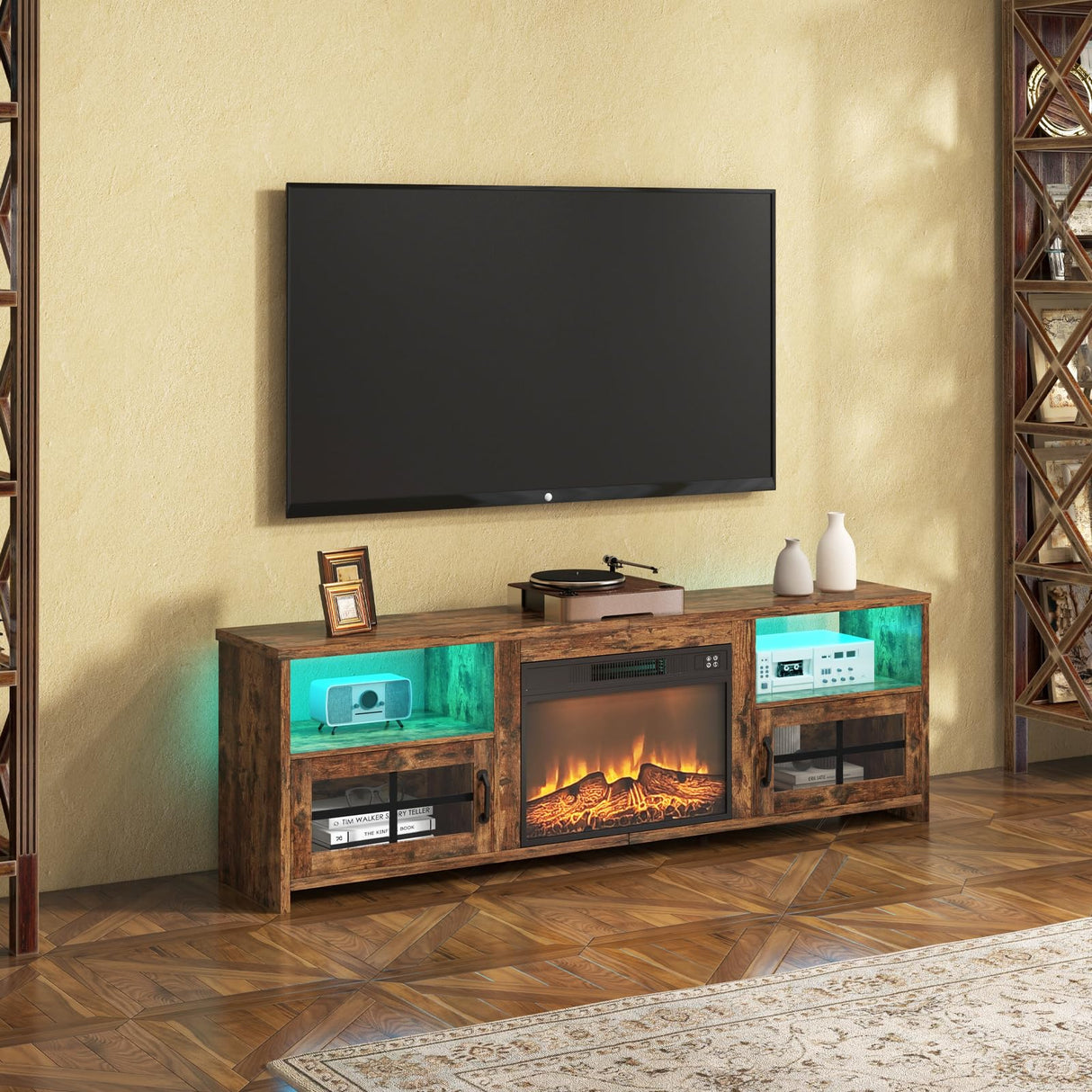 Livofloral Fireplace TV Stand for 75 Inch TV with LED Lights, Entertainment Center with 23” Electric Fireplace, LED TV Console Table with Open Storage Shelves & Cabinets for Living Room, Brown Livofloral