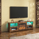 Livofloral Fireplace TV Stand for 75 Inch TV with LED Lights, Entertainment Center with 23” Electric Fireplace, LED TV Console Table with Open Storage Shelves & Cabinets for Living Room, Brown Livofloral