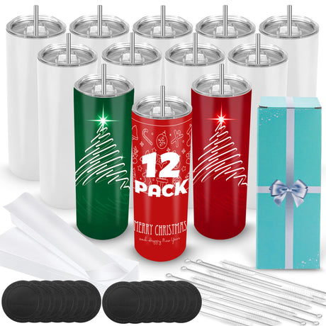 Joyclub 12 Pack Sublimation Tumblers 20 oz Bulk Blank Tumblers Skinny Straight Flat Bottom Cups White with Lid and Straw Joyclub