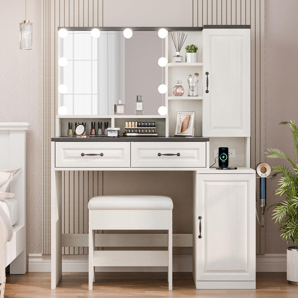 Buytime Farmhouse Makeup Vanity with Charging Station, Vanity Desk with Lights Mirror and Drawers, Glass Top Makeup Vanity with Jewelry Cabinet, Hairdryer Holder and Stool for Bedroom, Off White Buytime