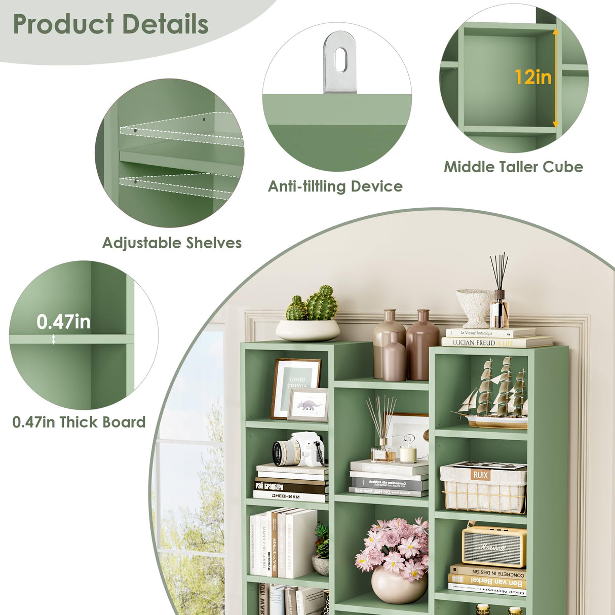 FOTOSOK 71’’ Tall Bookshelf, Triple Wide Bookshelf with Adjustable Shelves, 8 Tier Media CD DVD Storage Tower Rack, Diaplay Cabinet Shelf, Cube Storage Organizer Shelf for Home Office, Green FOTOSOK