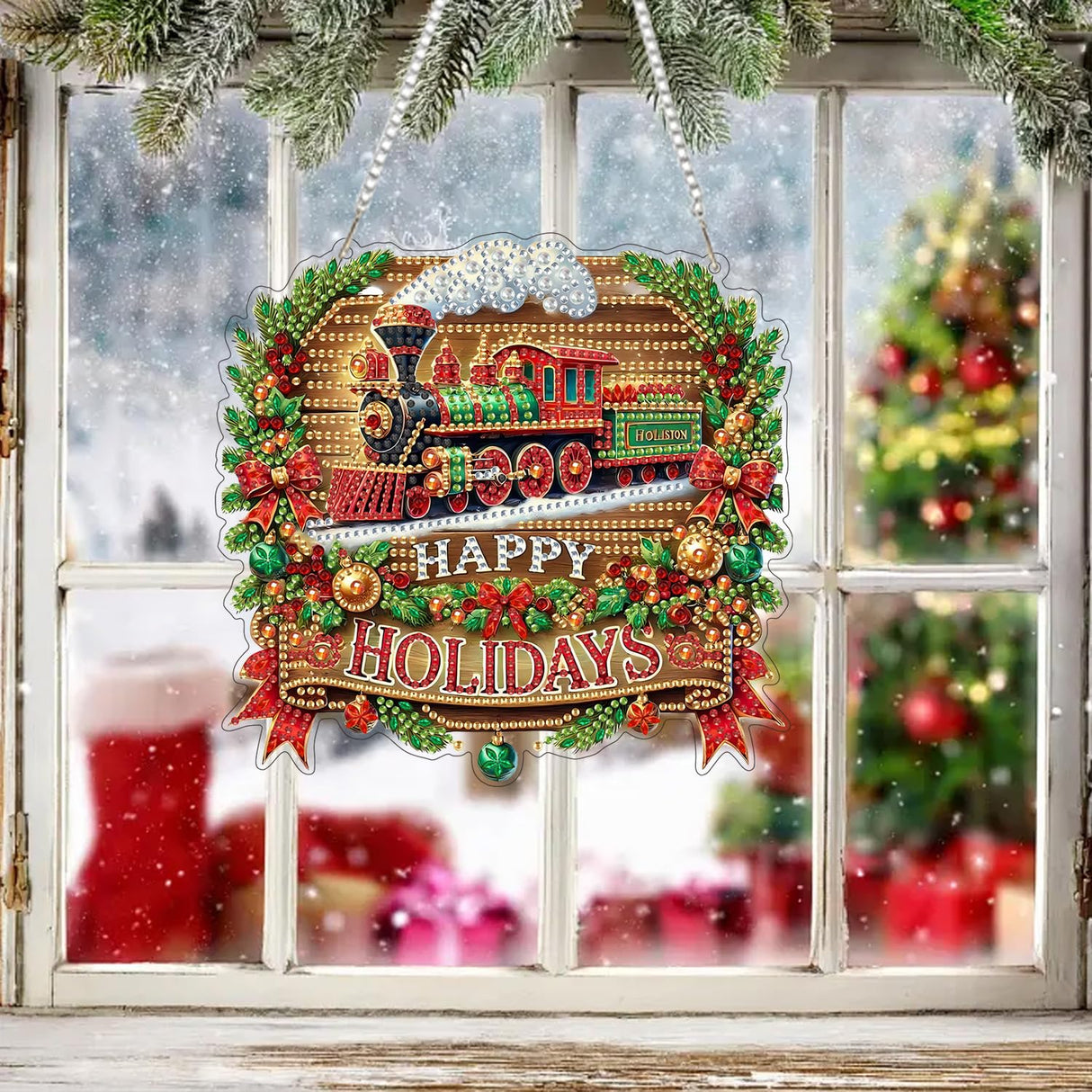 ARPADAMO Diamond Art Painting Pendant Kits 5D Diamond Art Painting Art Hanging Kit Christmas Train DIY Diamond Crystal Window Pendant Kit for Adults Gift Wall Home Decoration ARPADAMO