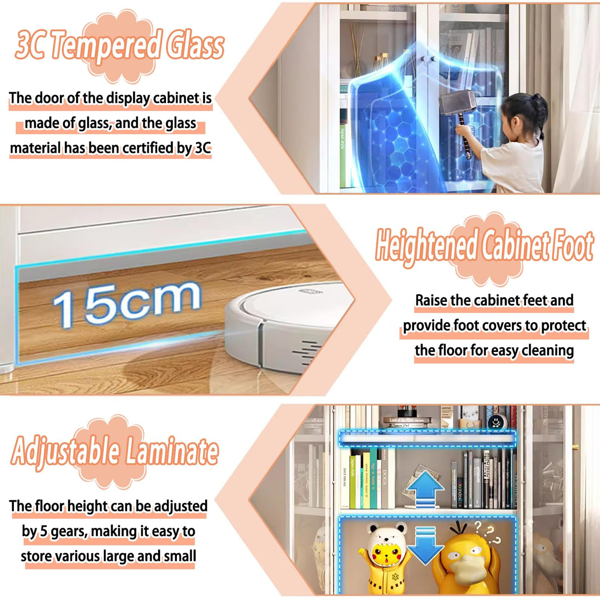 TVMCNA 67" Curio Display Cabinet for Collectibles 5 Tier Metal Storage Cabinet Curio Cabinet with Glass Doors, Tall Display Case Bookshelf with Doors for Living Room, Kitchen, Pantry TVMCNA