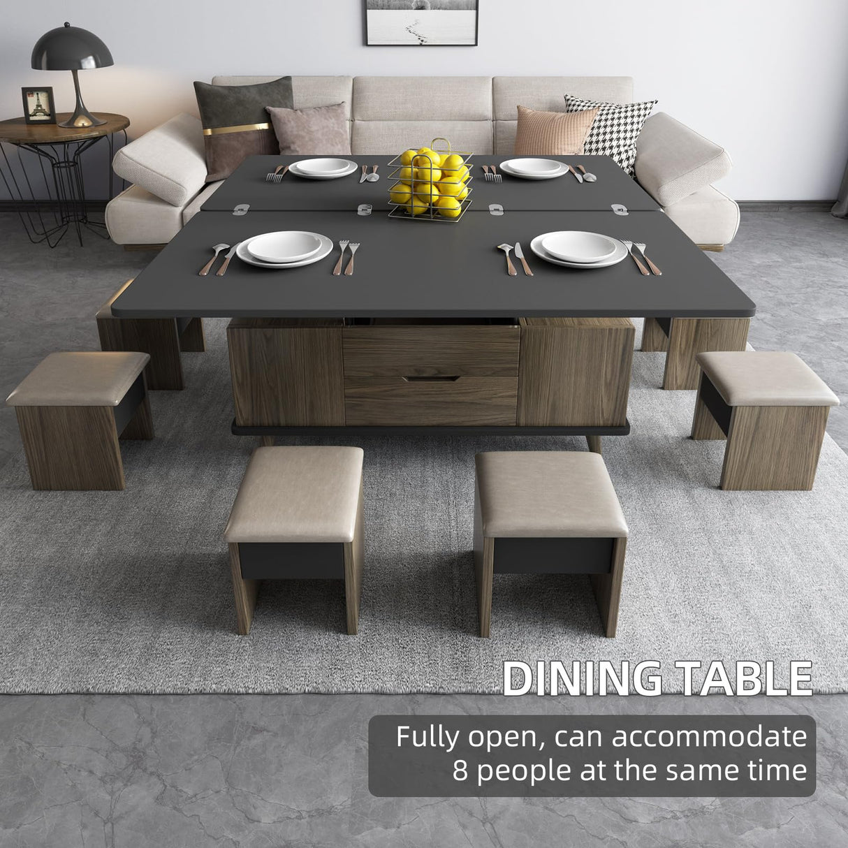 Guyii 38.97" Lift-Top Coffee Table with 4 Stools, 3-in-1 Multi-Functional Center Table, Expandable Dining Table for Living Room, Lift Tabletop Coffee Table with Hidden Storage Compartment, Grey Guyii