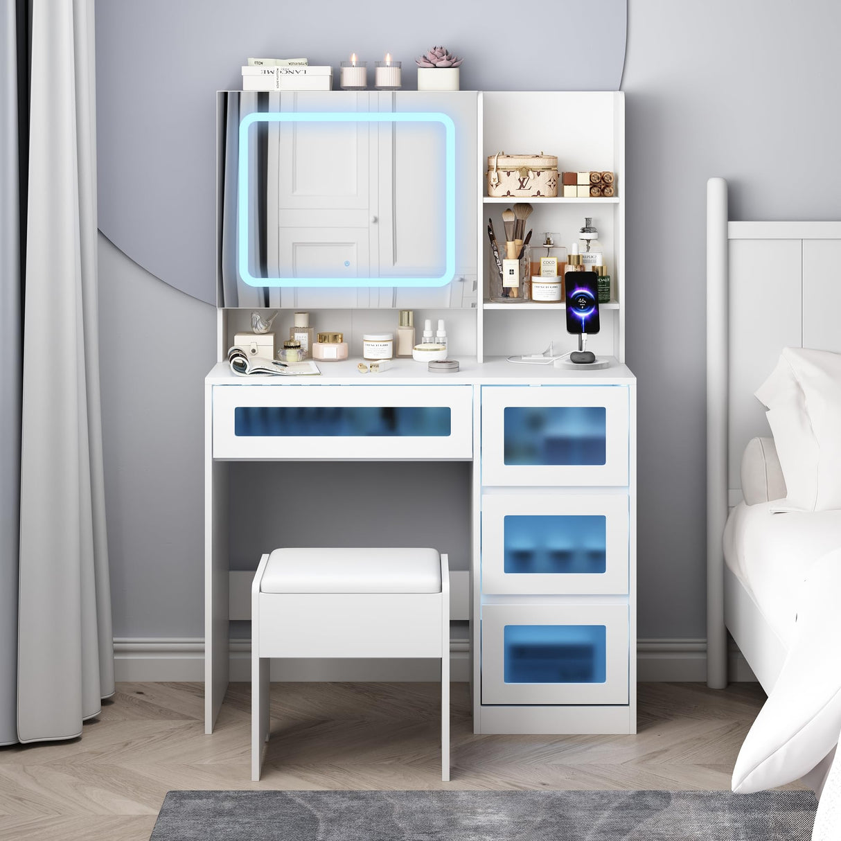 Fameill Vanity Desk with LED Sliding Mirror, Dressing Table with 4 Drawers and Stool Set, RGB Lights, Makeup Vanity 3 Color Lighting Modes Adjustable Brightness, Charging Station, White Fameill