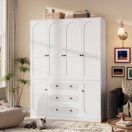 TOKSOM 4 Doors Freestanding Armoire Wardrobe Closet, 72" White Bedroom Wooden Closet Large Capacity Storage Armoire with 3 Drawerse and 3 Hanging Rod Shelves Clothes Organizer TOKSOM