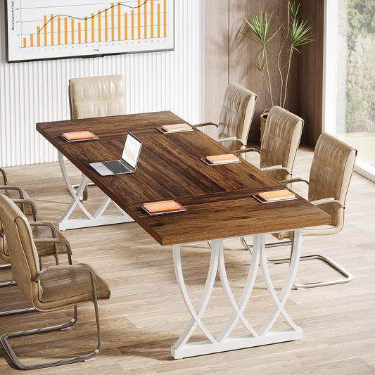 Tribesigns 6 ft Conference Table for 6-8 People, 70.86-Inch Rectangle Conference Table Meeting Seminar Table with Unique Curved Metal Support for Home Office (Retro Brown & White, Without Cha - WoodArtSupply