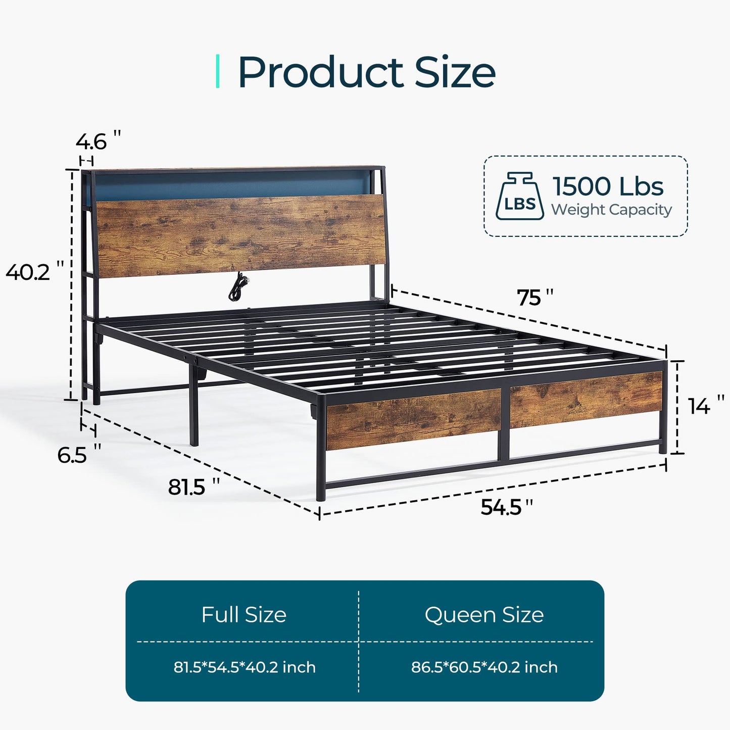 LINSY Full Bed Frame with Ergonomic Headboard, 14 inch Fast Assembly Metal Bed with Lights, Outlets & USB, Bed Frame Full Size with Storage, Noise Free, No Box Spring Needed, Rustic Brown