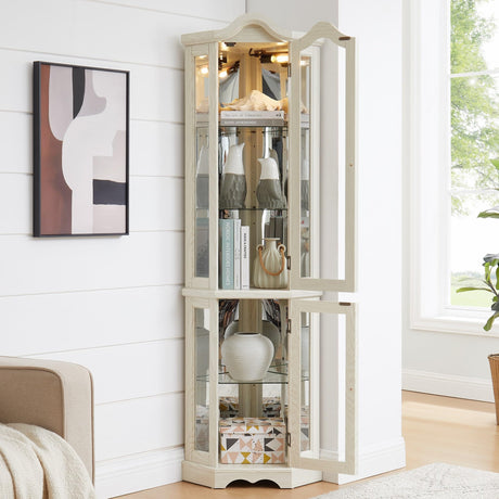 Eyisean Lighted Corner Curio Cabinet 70.5" Tall Wooden China Cabinet with Tempered Glass Doors, Freestanding Glass Display Case Wine Cabinet Storage Rack for Bar and Liquor Storage (White) Eyisean
