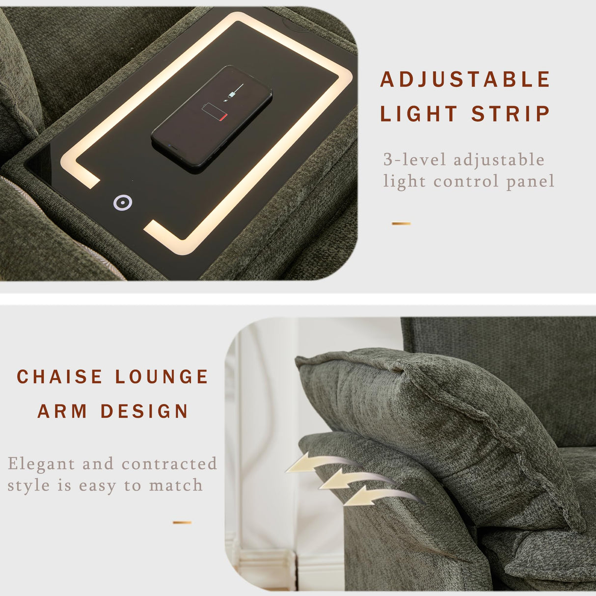 JUSTONE 124" U-Shaped Modular Sectional Sofa with Storage & Charging Station | 2 Movable Ottomans, Bluetooth Speakers, Cup Holders | Recliner Function, Convertible Design, Green Chenille Fabric JUSTONE