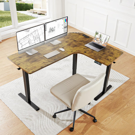 HUANUO 63″ Dual Motor L-Shaped Standing Desk, Built-in Power Outlets, Electric Height Adjustable Corner Computer Desk, Large Power Strip Holder, Sit Stand Up Desk with 3 Preset Heights, Vintage Brown HUANUO