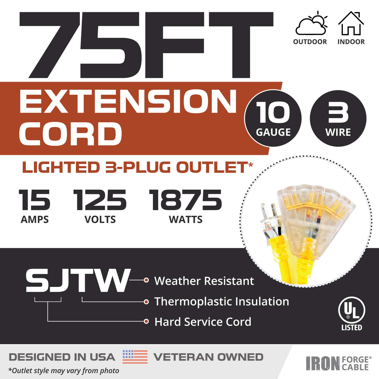 IRON FORGE CABLE 75 ft 10 Gauge Extension Cord with 3 Outlets, Heavy Duty 75ft Outdoor with 3 Prong Lighted Plug, 10ga Weatherproof Electric Cord SJTW, US Veteran Owned IRON FORGE CABLE
