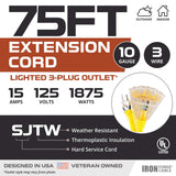 IRON FORGE CABLE 75 ft 10 Gauge Extension Cord with 3 Outlets, Heavy Duty 75ft Outdoor with 3 Prong Lighted Plug, 10ga Weatherproof Electric Cord SJTW, US Veteran Owned IRON FORGE CABLE