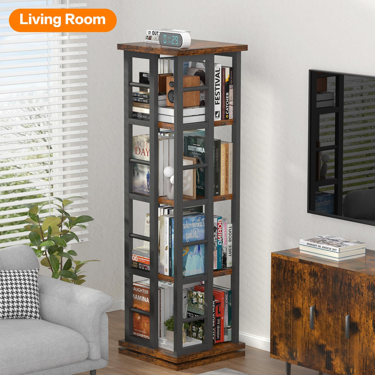 EasyCom 360° Rotating Wood Bookshelf with Metal Frame - 4-Tier Corner Storage for Living Room and Office, Brown EasyCom