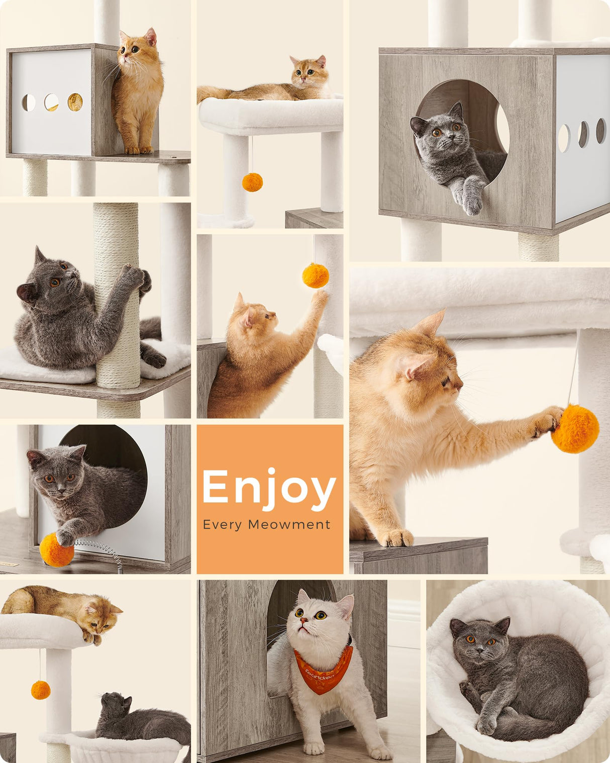 Feandrea Cat Tree with Litter Box Enclosure, 2-in-1 Modern Cat Tower, 72.8-Inch Tall Cat Condo with Scratching Posts, Perch, Caves, Basket, Washable Cushions, Heather Greige UPCT116G01 Feandrea