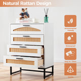 Mericonia 4 Drawer Rattan Dresser for Bedroom, Wood Tall Dresser for Closet with Metal Handles, Boho Nightstand Sets, Dressers & Chests of Drawers for Bedroom, Hallway and Entryway, White Mericonia