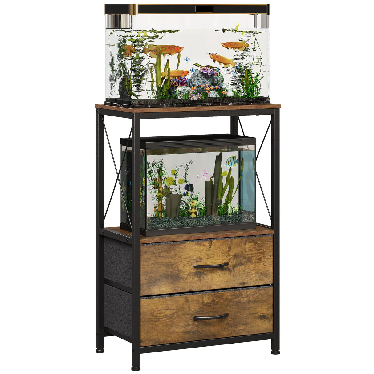 Welfuturer 10 Gallon Aquarium Stand with 2-Tier Shelf Fish Tanks Stand with 2 Drawers Metal Frame Heavy Duty Reptile TurtleTank Stand with Storage for Home Offic Fish Tank Accessories Storage, Brown Welfuturer