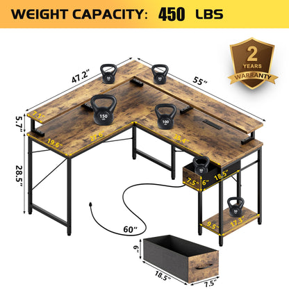 L Shaped Computer Desk with LED Lights & Power Outlets, Reversible Gaming Desk with Monitor Stand, Sturdy L Shaped Desk with Drawers Home Office Corner Desk with CPU Stand, Easy Assembly, Rus - WoodArtSupply