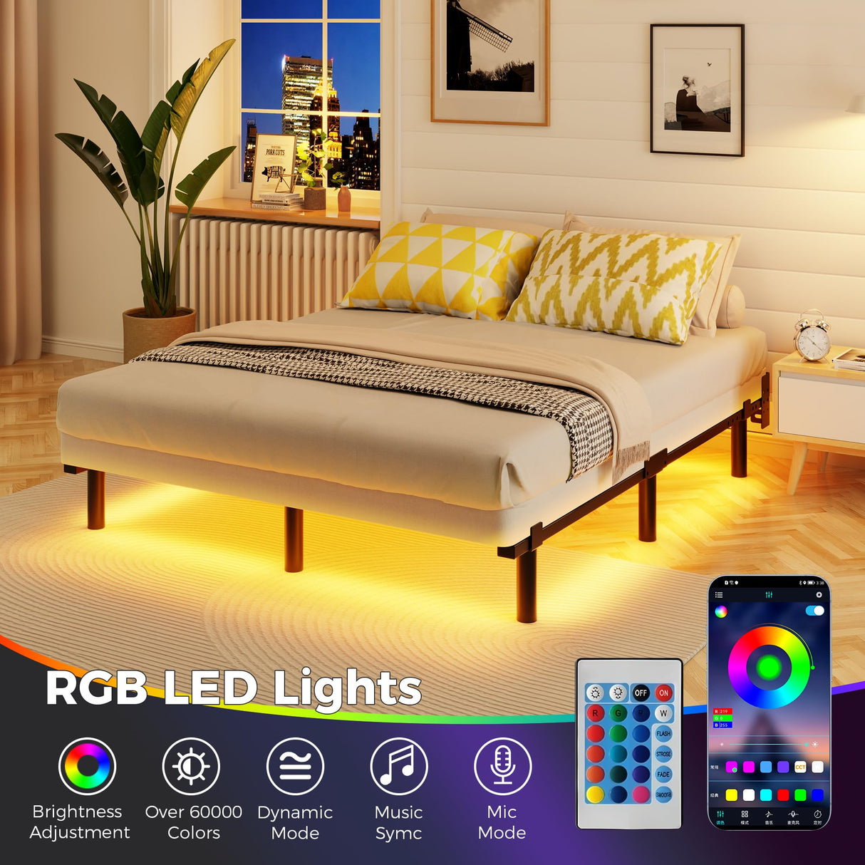 Awesofurni King Size Bed Frame with Smart LED Lights, 7 Inch Basics Metal Bed Frame, Heavy Duty 9-Leg Base for Box Spring and Mattress, Noise-Free, Easy Assembly, Black Awesofurni